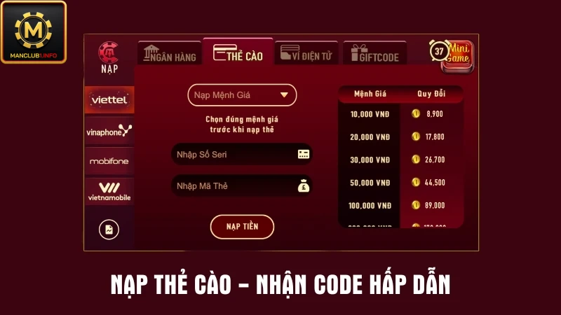 Tặng code thưởng khi người chơi nạp tiền bằng thẻ cào