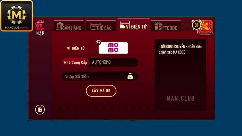 Phương thức nạp qua ví điện tử nhanh gọn, phù hợp cho nhiều đối tượng